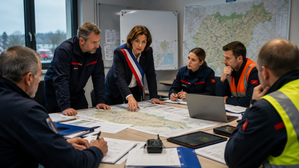 Maire coordonnant la gestion de crise communale avec les services de secours.